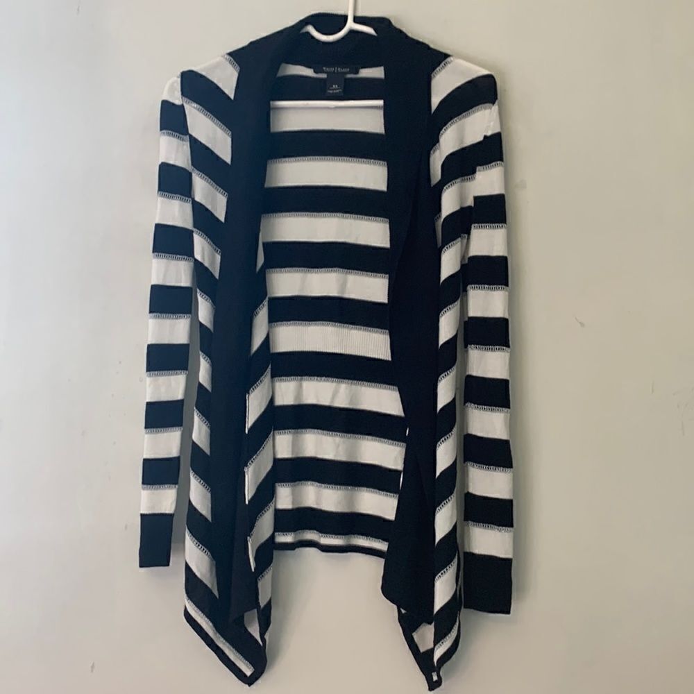WHBM SWEATER black white silver striped open draped cardigan Size XS